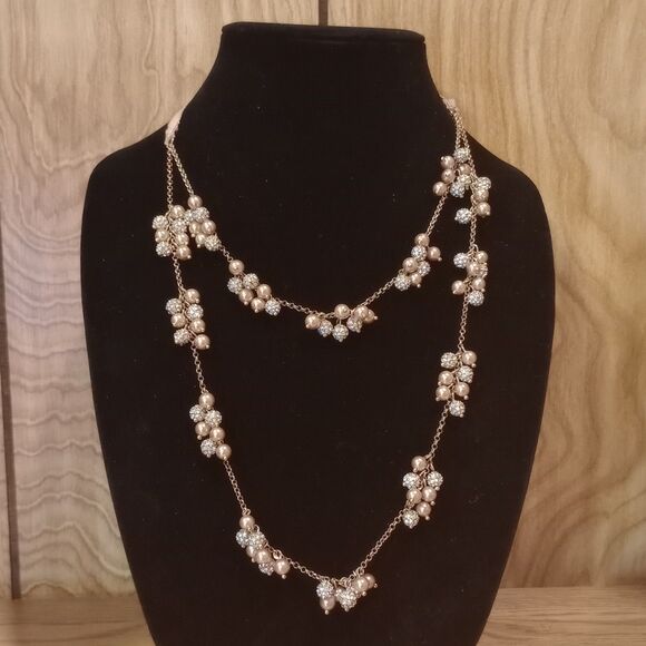 Faux Pearl Rhinestone Cluster 2 Strand Silver Tone 14-54" Ribbon Chain Necklace - Picture 1 of 6